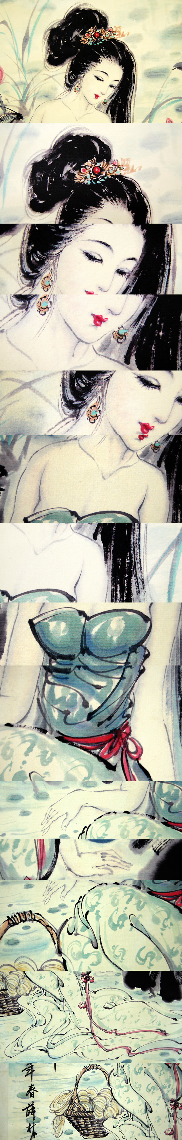 【低価NEW】F20384 中国美術 薛林興「浣紗渓畔」美人画 裸婦画 掛軸 紙本 彩色 工芸 中国名家 近代画家 掛軸