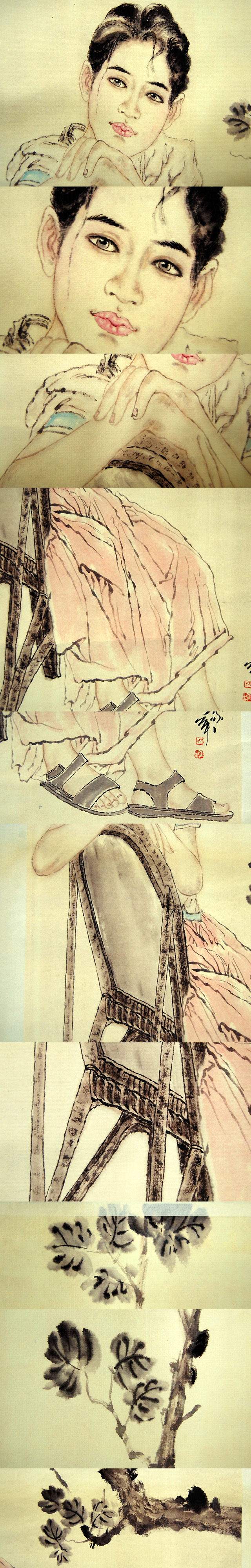 大人気通販F20634 中国美術 何家英「美人画 椅子に掛ける女性」人物画 掛軸 紙本 彩色 工芸 中国名家 中国現代アート 掛軸