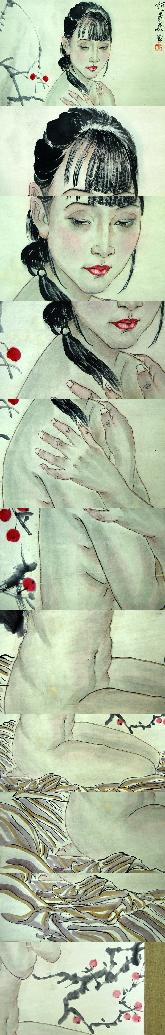 定番定番人気F25510 中国美術 家英 作「裸婦画」美人画 女性画 掛軸 紙本 水彩 真筆 掛軸