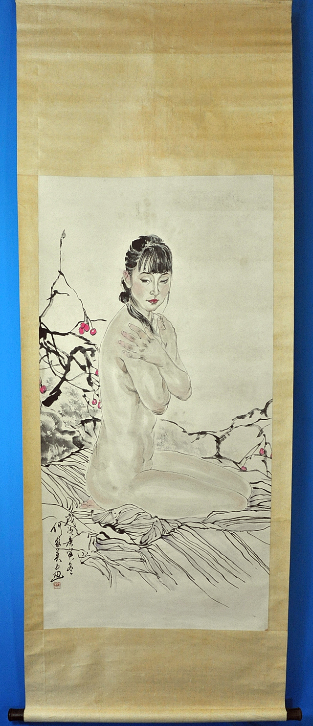 格安最安値F25527 中国美術 家英 作「裸婦画」美人画 女性画 掛軸 紙本 水彩 真筆 掛軸